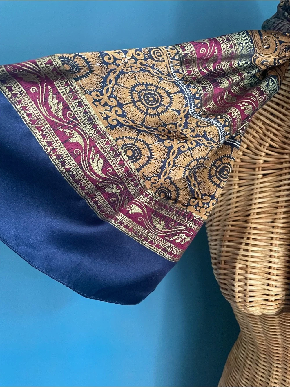Vintage ECHO Silk Scarf Ornate Ethnic Tapestry Print Gold Burgundy Navy Blue